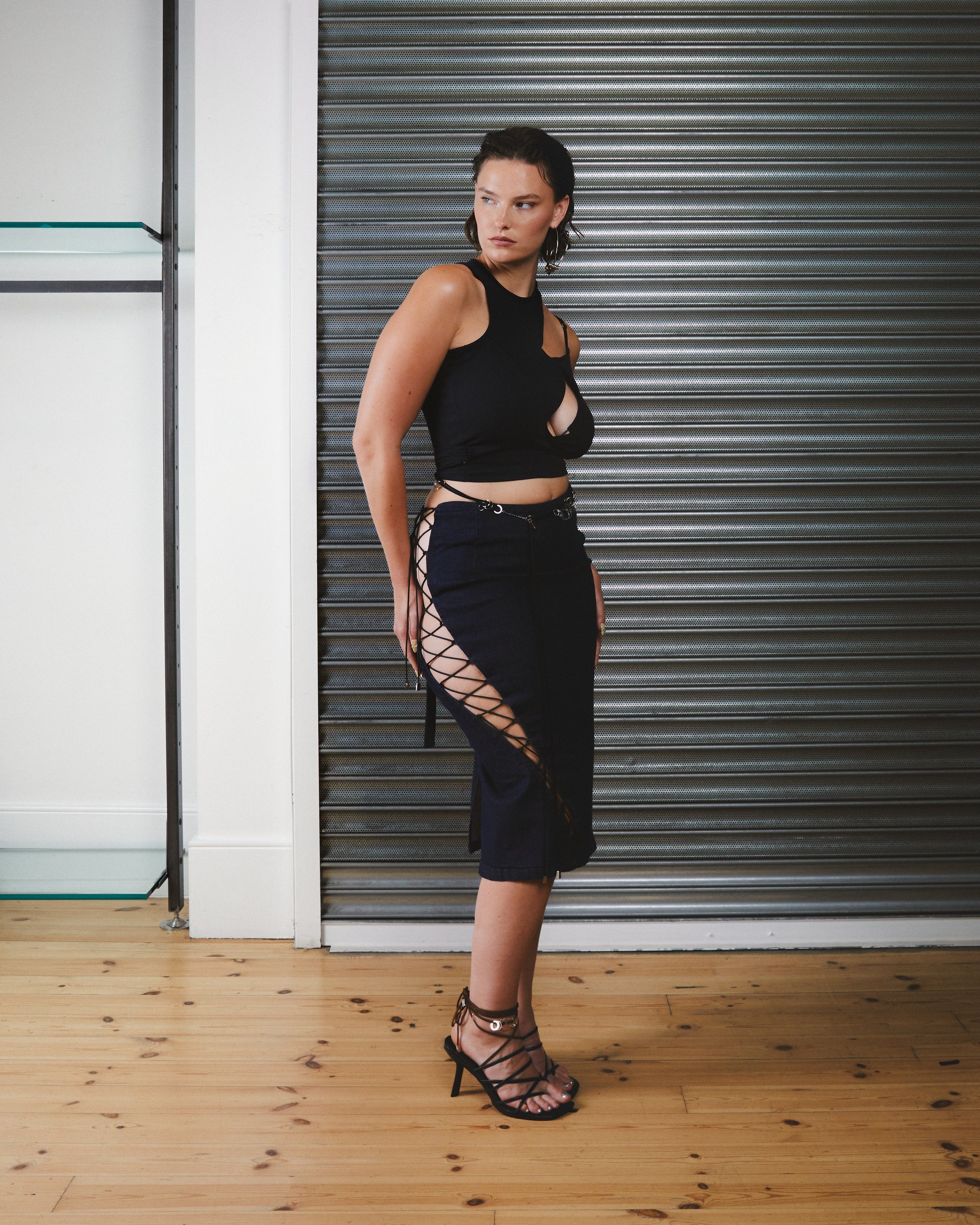 Lace-up Denim Midi Skirt