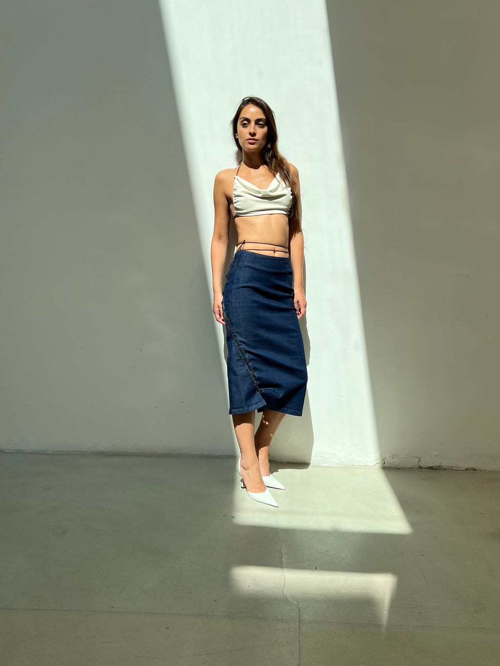Lace-up Denim Midi Skirt