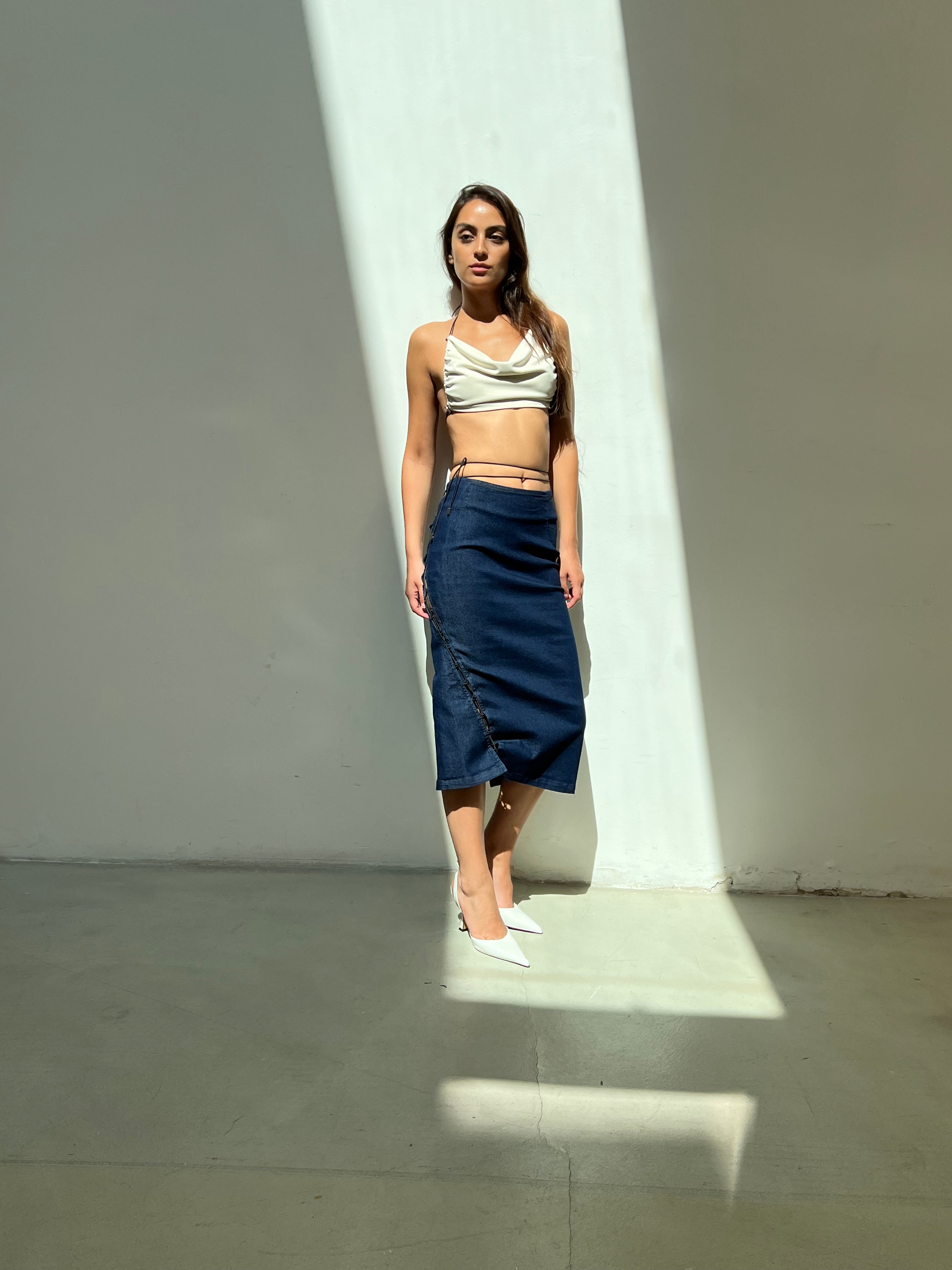 Lace-up Denim Midi Skirt