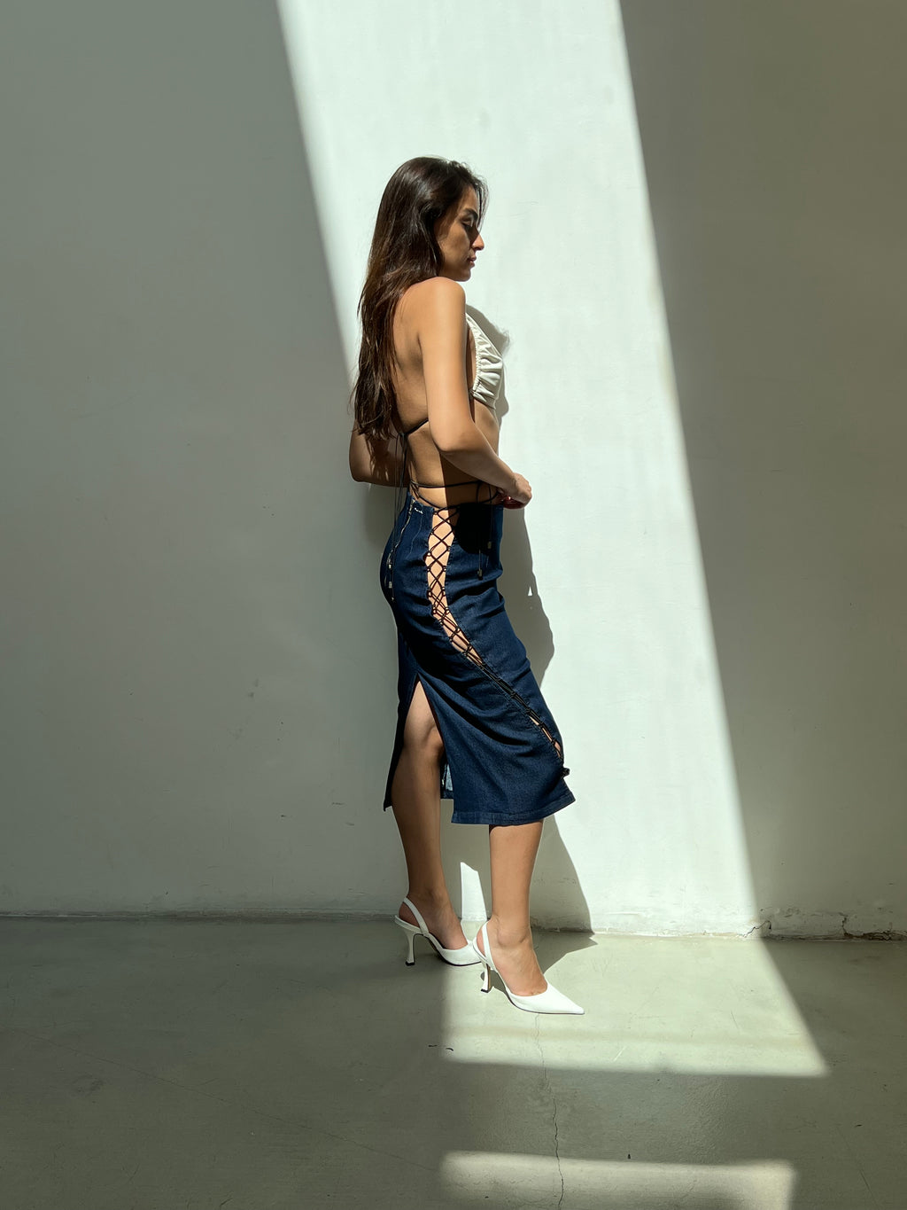 Lace-up Denim Midi Skirt