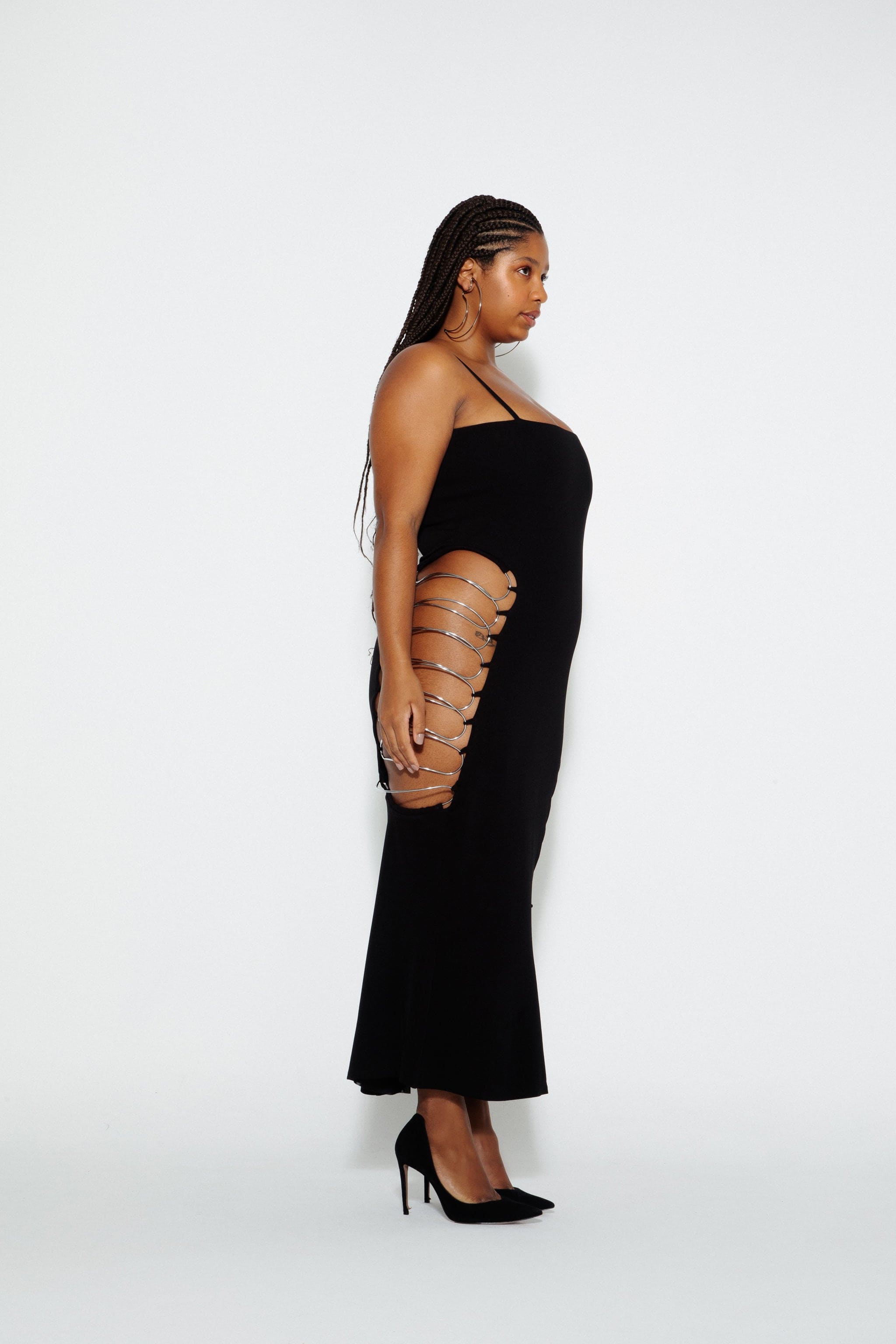dress with metal straps Sheer Luck Leah Eco Leather Metal Ring Strap A-Line Dress Black / M
