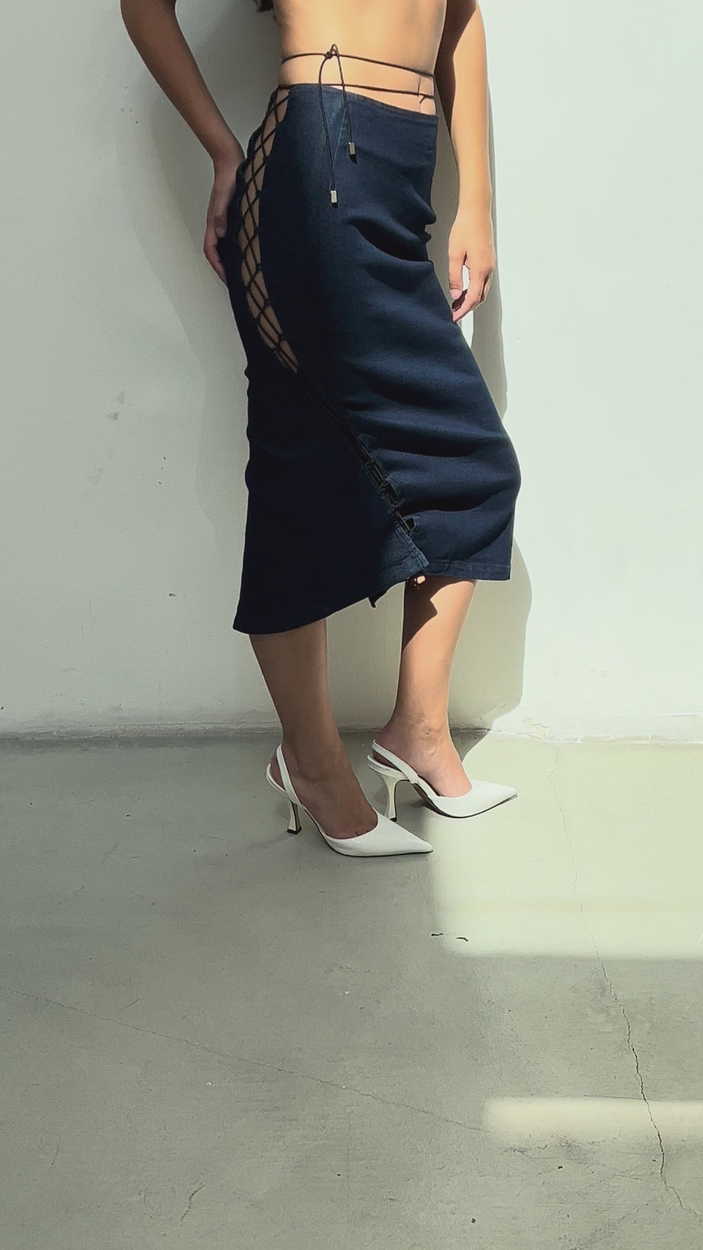 Lace-up Denim Midi Skirt
