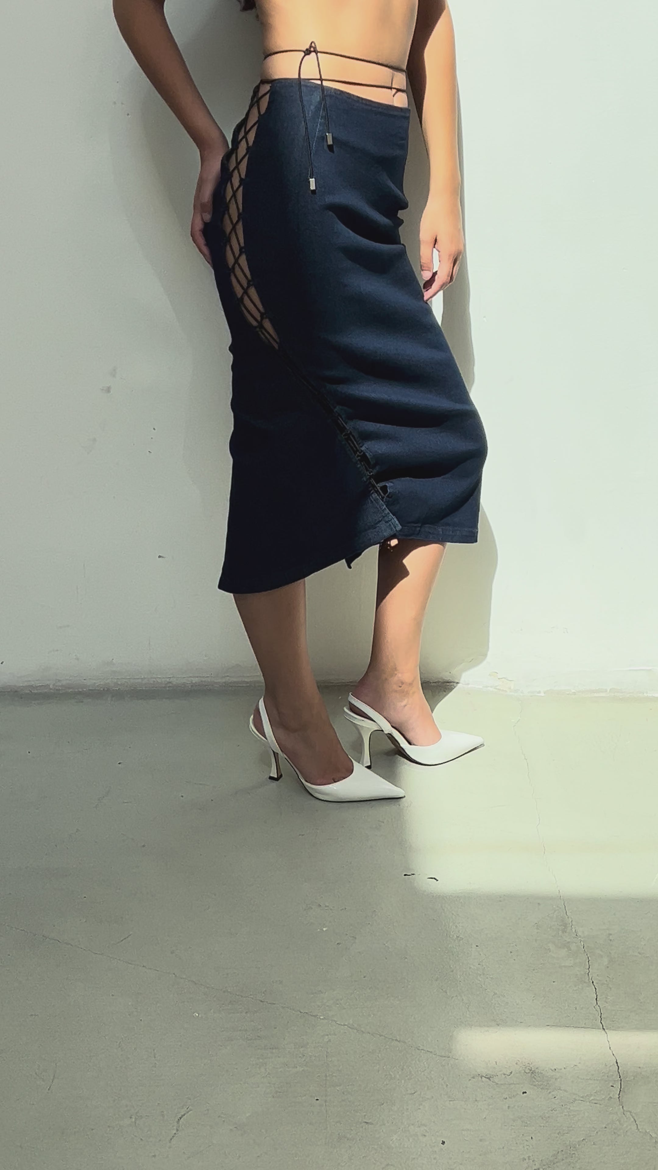 Lace-up Denim Midi Skirt